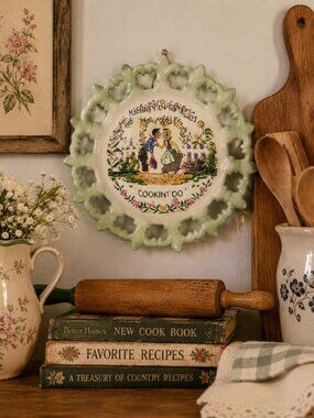 Vintage Lace Edge Ceramic Trivet Wall Plaque “Kissin’ Don’t Last Cookin’ Do”